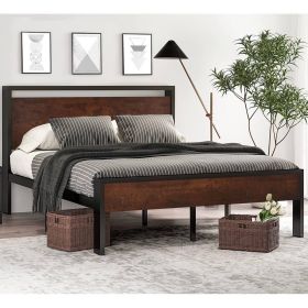 Full Metal Platform Bed Frame with Mahogany Wood Panel Headboard Footboard