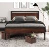 Full Metal Platform Bed Frame with Mahogany Wood Panel Headboard Footboard