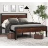 King Metal Platform Bed Frame with Mahogany Wood Panel Headboard Footboard