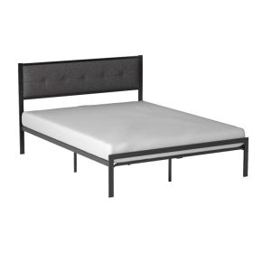 Queen Metal Platform Bed Frame with Gray Button Tufted Upholstered Headboard