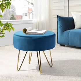 17.7" Decorative Round Shaped Ottoman with Metal Legs - Teal and Gold