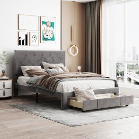 Full Size Storage Bed Velvet Upholstered Platform Bed with a Big Drawer - Grey