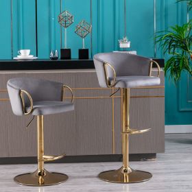 Set of 2 Bar Stools; with Chrome Footrest and Base Swivel Height Adjustable Mechanical Lifting Velvet + Golden Leg Simple Bar Stool-Grey