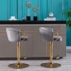 Set of 2 Bar Stools; with Chrome Footrest and Base Swivel Height Adjustable Mechanical Lifting Velvet + Golden Leg Simple Bar Stool-Grey