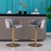 Set of 2 Bar Stools; with Chrome Footrest and Base Swivel Height Adjustable Mechanical Lifting Velvet + Golden Leg Simple Bar Stool-Grey