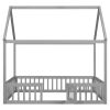 Full Size Wood House Bed with Fence and Door, Gray Wash (Expected Arrival Time:6.30)