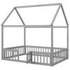 Full Size Wood House Bed with Fence and Door, Gray Wash (Expected Arrival Time:6.30)