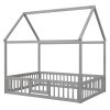 Full Size Wood House Bed with Fence and Door, Gray Wash (Expected Arrival Time:6.30)