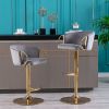 Set of 2 Bar Stools; with Chrome Footrest and Base Swivel Height Adjustable Mechanical Lifting Velvet + Golden Leg Simple Bar Stool-Grey