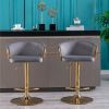 Set of 2 Bar Stools; with Chrome Footrest and Base Swivel Height Adjustable Mechanical Lifting Velvet + Golden Leg Simple Bar Stool-Grey