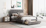 Full Size Storage Bed Velvet Upholstered Platform Bed with a Big Drawer - Grey