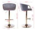 Set of 2 Bar Stools; with Chrome Footrest and Base Swivel Height Adjustable Mechanical Lifting Velvet + Golden Leg Simple Bar Stool-Grey