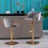 Set of 2 Bar Stools; with Chrome Footrest and Base Swivel Height Adjustable Mechanical Lifting Velvet + Golden Leg Simple Bar Stool-Grey