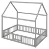 Full Size Wood House Bed with Fence and Door, Gray Wash (Expected Arrival Time:6.30)