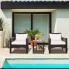 3 Pieces Patio Rattan Furniture Set with Acacia Wood Tabletop