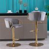 Set of 2 Bar Stools; with Chrome Footrest and Base Swivel Height Adjustable Mechanical Lifting Velvet + Golden Leg Simple Bar Stool-Grey