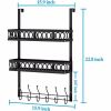 Hooks on the door to hang clothes; towel rack on the door with 2 baskets; coat rack on the door bathroom organizer; black