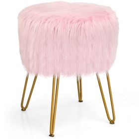 Faux Fur Vanity Stool Chair with Metal Legs for Bedroom and Living Room (Color: Pink)