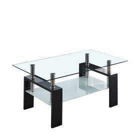 Artisan Center Coffee Table, Tempered Glass Top Stainless Steel Legs for Living Room, 37"Lx22"Dx16"H (Color: BLACK)